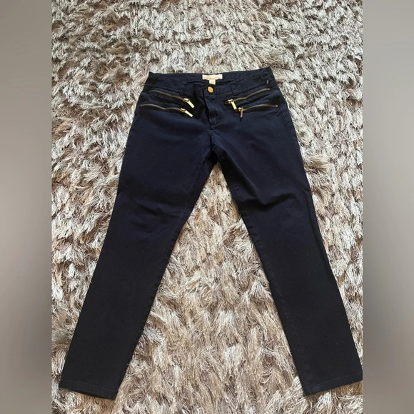 Michael Kors Black Exposed Zipper Ankle Zip Moto Navy Blue Skinny Pants Size 8 - Picture 1 of 7